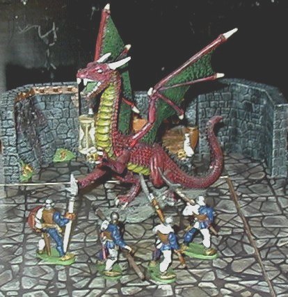 A red dragon held at pay by four members of the city guard.