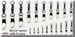 Fishing swivels, and snap. Barrel, Rolling, Crane swivel, 3 way swivel, crossline and  Triple swivel. A , interlocking B, Duo lock, Coastlock, cross lock  snap.