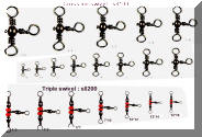 Fishing swivels, and snap. Barrel, Rolling, Crane swivel, 3 way swivel, crossline and  Triple swivel. A , interlocking B, Duo lock, Coastlock, cross lock  snap.