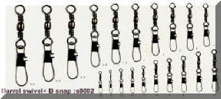 Fishing swivels, and snap. Barrel, Rolling, Crane swivel, 3 way swivel, crossline and  Triple swivel. A , interlocking B, Duo lock, Coastlock, cross lock  snap.