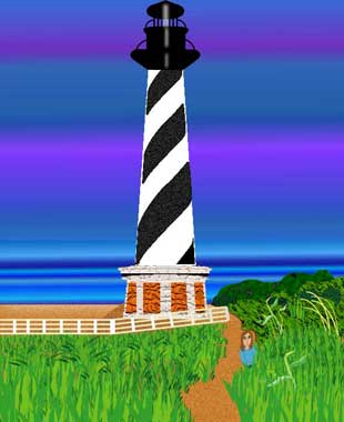 picture i made in illustrator of a light house with grass and a girl hiding