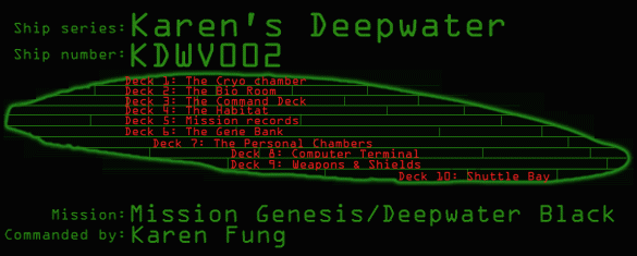 Karen's Deepwater.  Ship number: KDWV002.  Mission: Mission Genesis/Deepwater Black.  Commanded by Karen Fung.