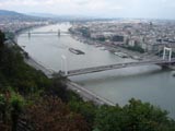 A view of Budapest and the Danube looking North from the top of the hill above Fisherman's Bastion. The Danube flows Southwards in Budapest.