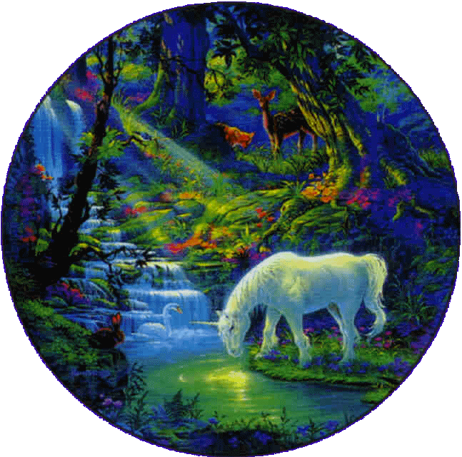 A unicorn drinking from a lake.