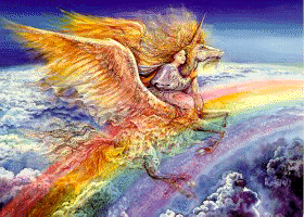 A unicorn and girl flying through a rainbow.