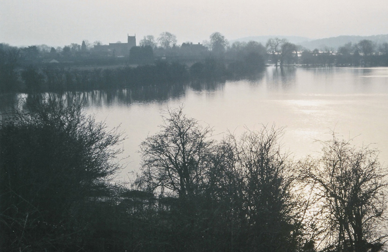 View over the flooded North Ham towards Kempsey Church