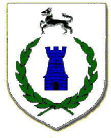 Device for Shire of Wolfscairn: Argent, a tower azure within a laurel wreath vert and in cheif a wolf  courant sable