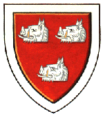 Gules three boars' heads couped argent, armed or, a border of the second