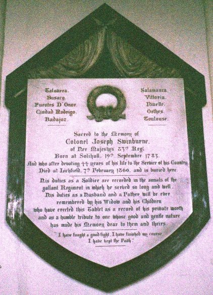 Memorial plaque to Col. Joseph Swinburne in St. Alphege's Church, Solihull