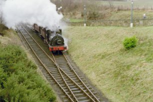 Steam train on the Tanfield Railway, pulling out of Andrew's House Station, Tanfield, February 2003