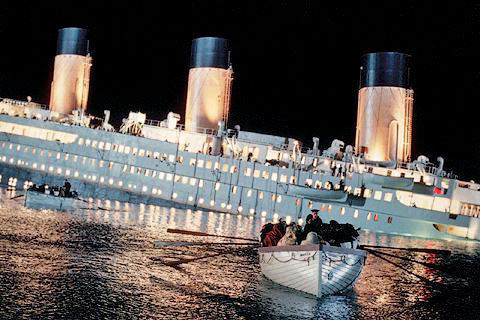 Lifeboats being lowered (From the movie Titanic)