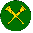 Vert, two trumpets in saltire, bells to chief, or