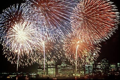 fireworks over city buildings