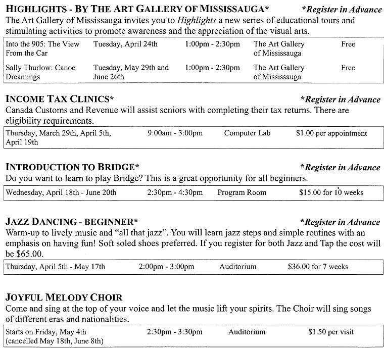 Activity Guide Page 11 Art Gallery of Mississauga, Income Tax Clinics, Bridge, Jass Dancing, Joyful Melody Choir