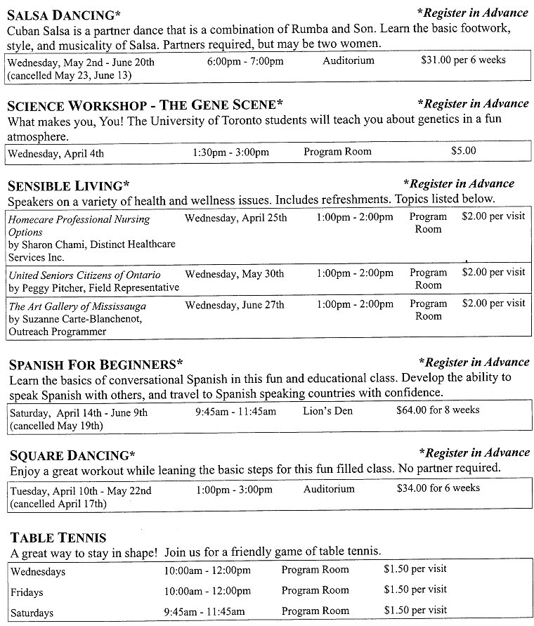 Activity Guide Page 14 Salsa Dancing, Science Workshop - Gene Scene, Sensible Living, Spanish, Square Dancing, Table Tennis