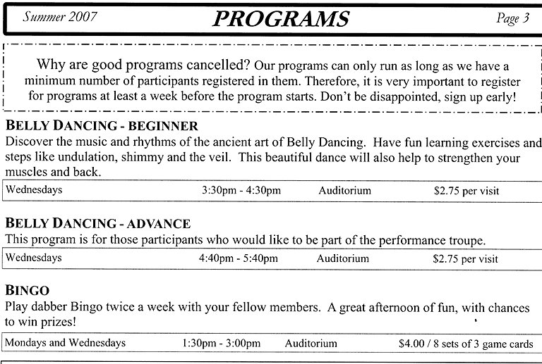 Square One Older Adult Centre Summer Activity Guide July - August 2007 - Programs - Belly Dancing - Beginner, Belly Dancing - Advance, Bingo - Page 3