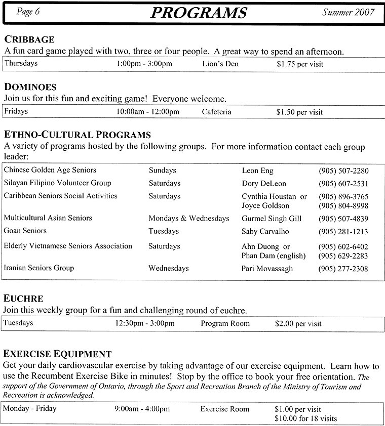 Programs - Cribbage, Dominoes, Ethno-Cultural Programs, Euchre, Exercise Equipment - Page 6