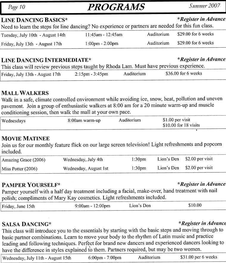 Programs - Line Dancing Basics, Line Dancing Intermediate, Mall Walkers, Movie Matinee, Pamper Yourself, Salsa Dancing - Page 10