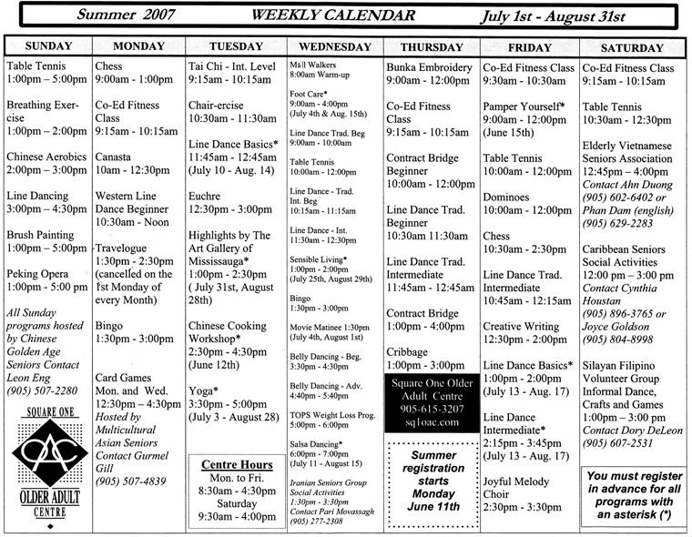 Summer Activity Guide Page 16a Weekly Calendar