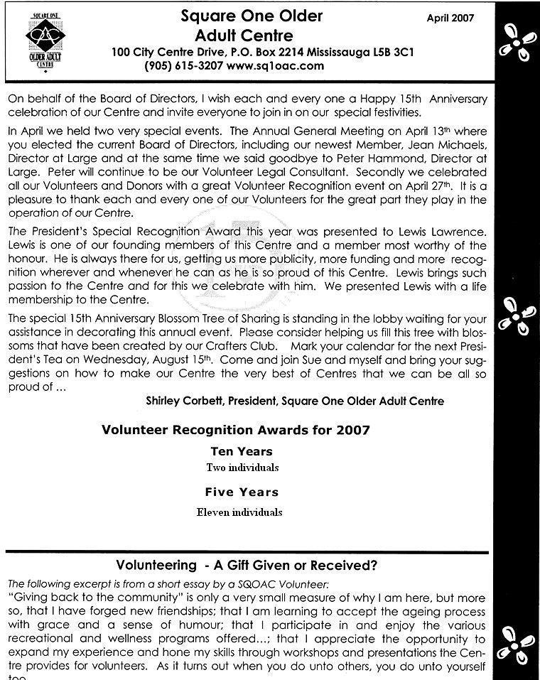 Square One Older Adult Centre Members' News April 2007 page 1