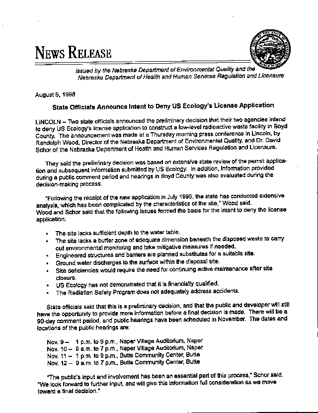 6 August 1998, News Release -- Intent to Deny