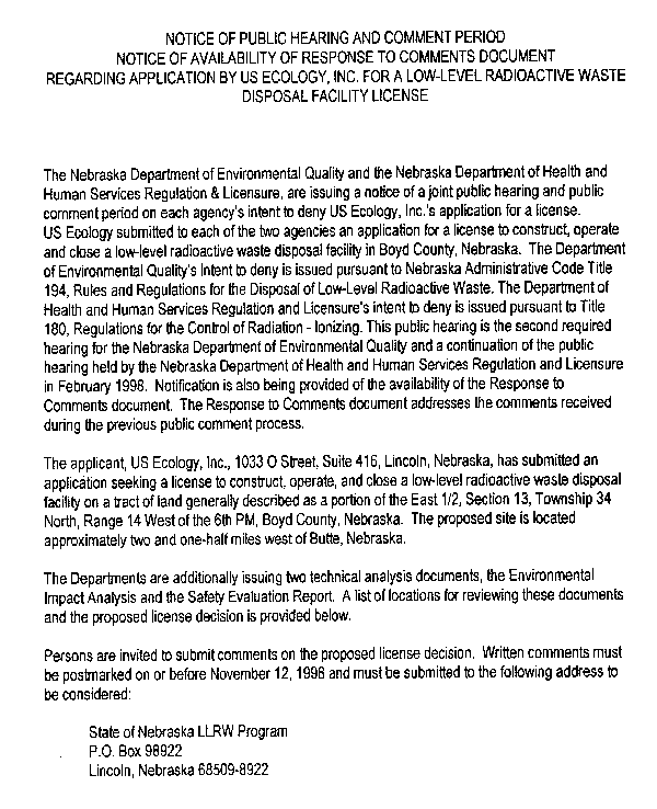 Public Hearings Nov. 9-12, 1998 -- Naper and Butte