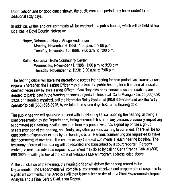 Public Hearings Nov. 9-12, 1998 -- Naper and Butte