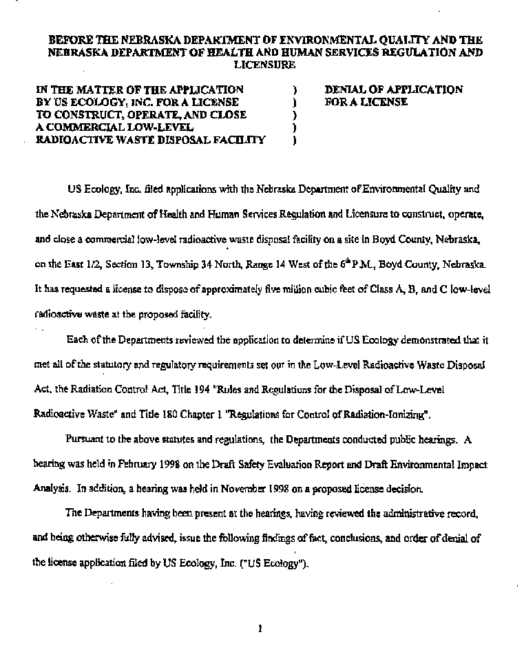 18 December 1998, Official Denial of US Ecology's License Application, page 1