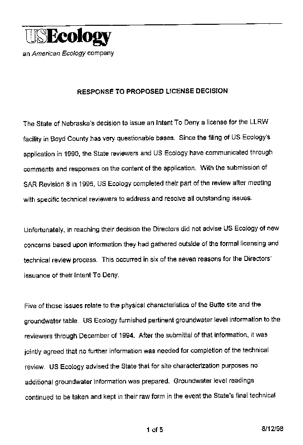 12 August 1998, US Ecology's Response to Proposed License Decsision, page 1