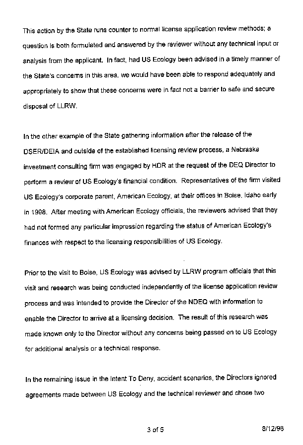 12 August 1998, US Ecology's Response to Proposed License Decsision, page 3