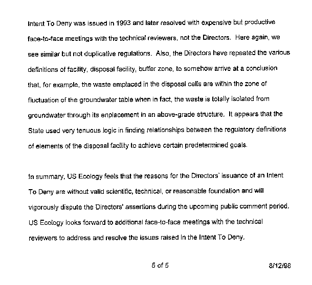 12 August 1998, US Ecology's Response to Proposed License Decsision, page 5