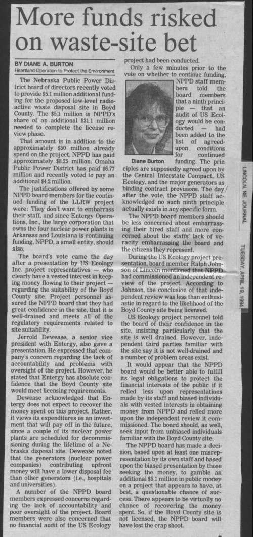 More funds risked on waste-site bet (Lincoln Journal, April 1994