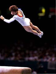 Kerri Strug, vaulting at the 1996 Olympics.