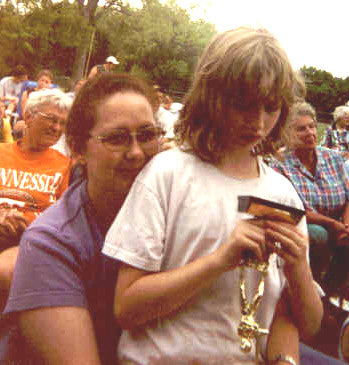 Cathy and Kate at the Challenger League Awards Pizza Party, July 12, 2001