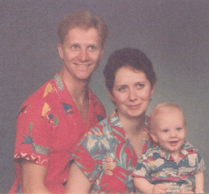 Jeff, Cathy, and Luke in Hawaiian shirts, San Angelo, Texas, April, 1987