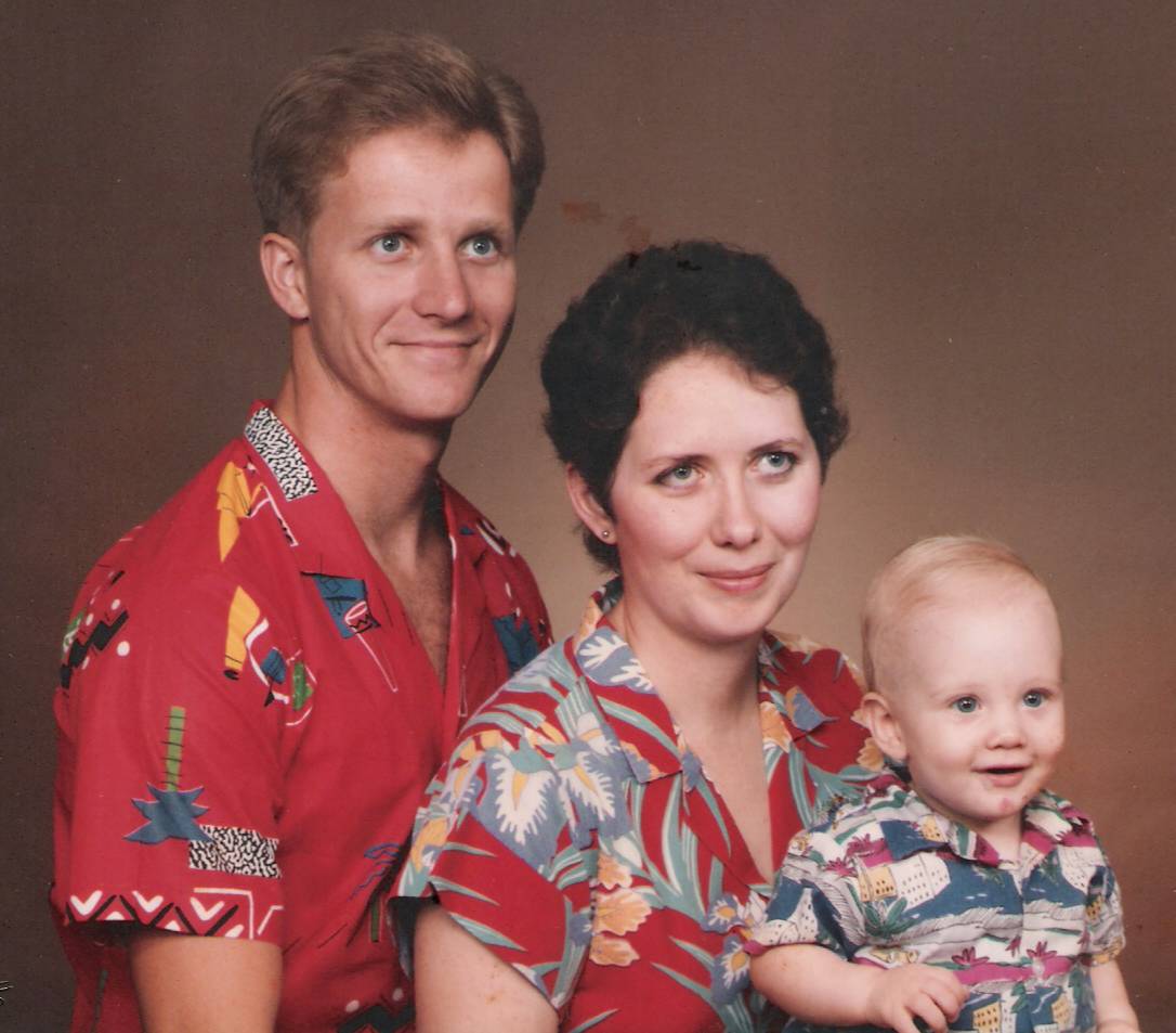 Jeff, Cathy, and Luke in Hawaiian shirts, April 1987, San Angelo, Texas