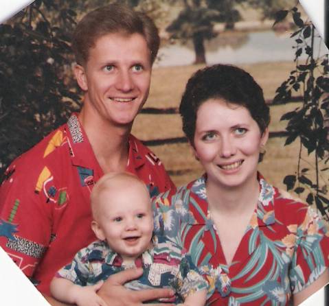 Jeff, Luke, and Cathy in Hawaiian shirts, April 1987