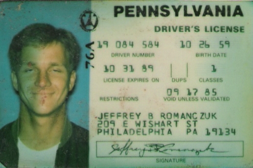 Jeff's last Pennsylvania license, taken in late 1985