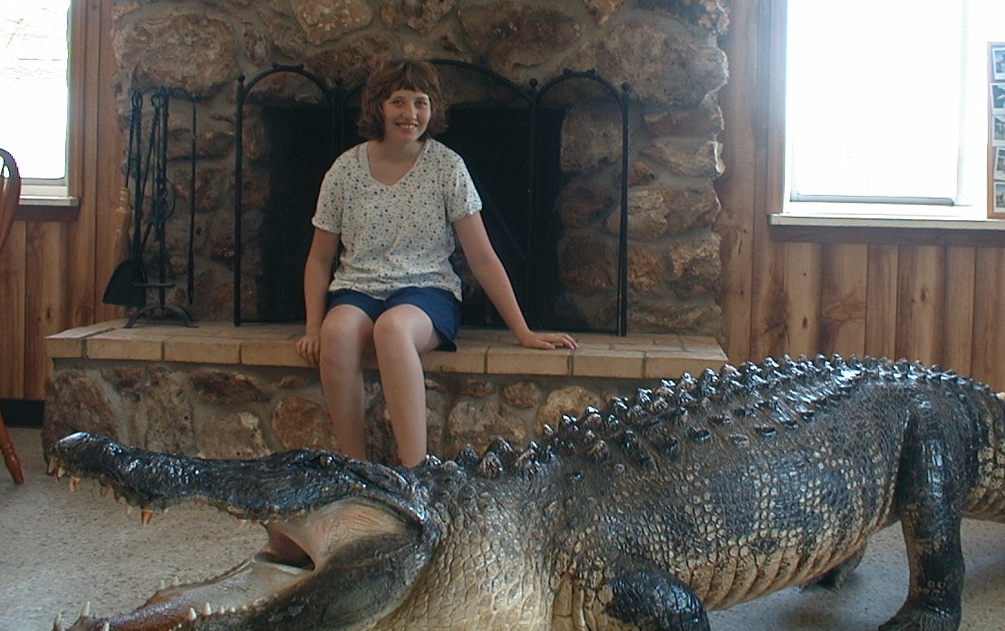 Kate ready for the swamp airboat ride, Kissimee, Florida, August, 2004