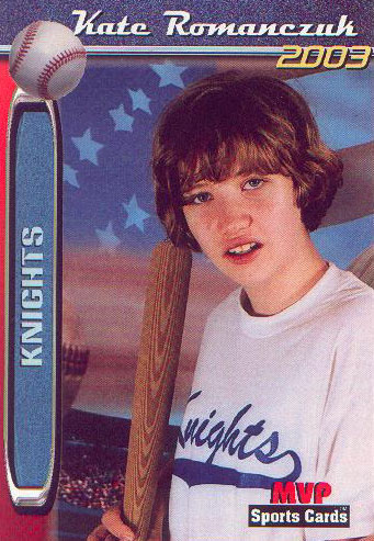 The front of Kate's softball card for the Challenger League Knights, taken April 26, 2003