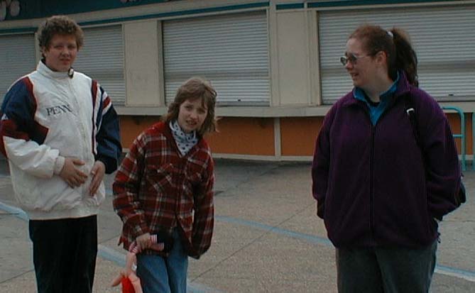 Luke, Kate, and Cathy at the south end of the North Wildwood, NJ, boardwalk, December 28, 2001