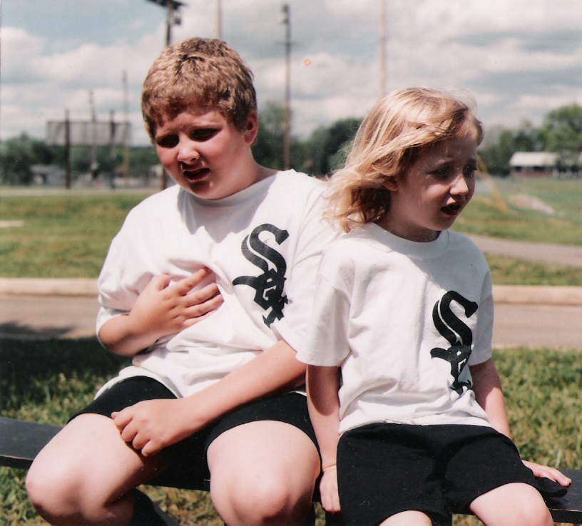 Luke welcomes the rookie to the Sox, Challenger League, April, 1997