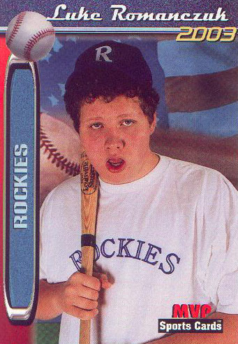 The front of Luke's softball card for the Challenger League Rockies, taken April 26, 2003