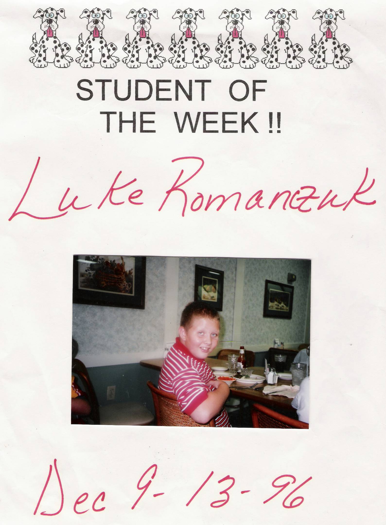 Luke earns SOTW, December 9-13, 1996