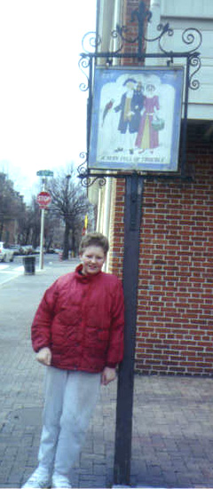 Luke at the site of A Man Full of Trouble Tavern, a colonial bar at 2nd and Spruce, downtown Philadelphia, PA, December, 1999