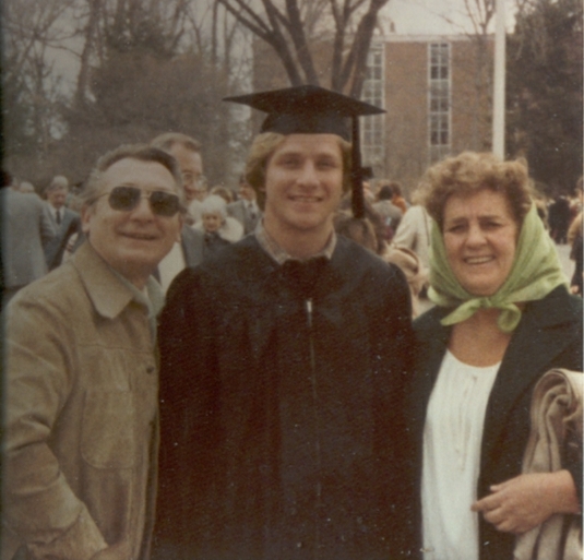 either Ed Marcinkiewicz or Carol Lynn Daly took this, outside of Rec Hall after the graduation ceremony, March 6, 1982