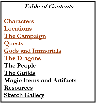 Text Box: Table of Contents

Characters
Locations
The Campaign
Quests
Gods and Immortals
The Dragons
The People
The Guilds
Magic Items and Artifacts
Resources
Sketch Gallery
