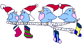 four birds on a wintry branch with stockings