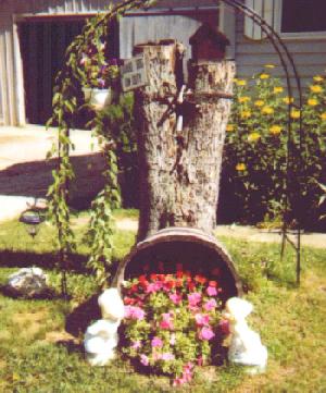 Beautiful picture of an arch over tree stumps with an overturned basket of flowers