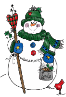 snowman with a tiny red bird